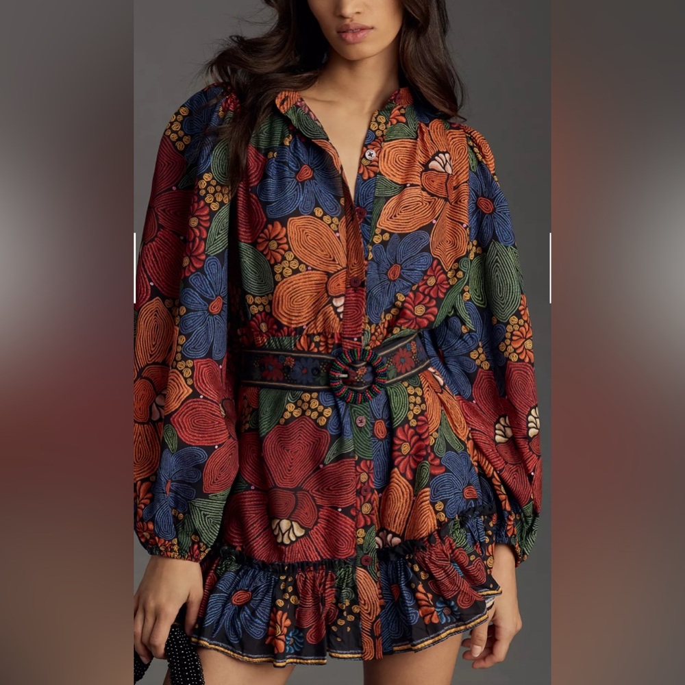 Farm Rio Long-Sleeve Stitched Flowers Mini Dress